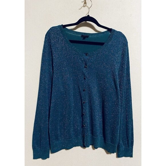 Talbots Cardigan Sweater Womens 2X Blue Glitter Sparkly Jeweled Buttons Holiday - Picture 1 of 6